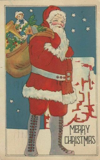 Scarce Art Deco Santa Claus With Toys Stars Vintage Christmas Postcard - B842