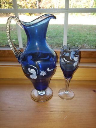 Rare Stemware And Pitcher Set.  (4) Glasses (1) Pitcher.  Hand Painted Gold Rim.