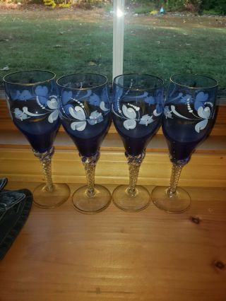 Rare Stemware And Pitcher Set.  (4) Glasses (1) Pitcher.  Hand Painted Gold Rim. 3