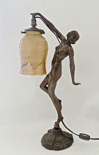 Antique French Art Deco Figural Nude Boudoir Lamp With Art Glass Shade