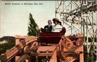 Michigan City,  Indiana - Roller Coasting - Old Postcard View