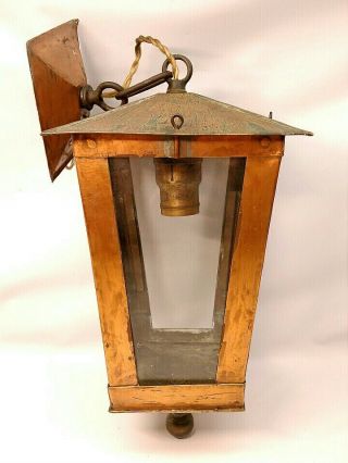 Vintage Hand Hammered Arts & Crafts Era Copper & Glass Hanging Electric Lantern