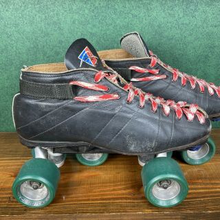 Vintage Riedell Black Leather Roller Skates Size 10 1/2 Hyper Cannibal Wheels