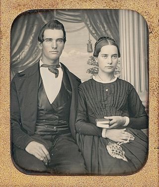 Attractive Young Couple Painted Backdrop Looking Up 1/6 Plate Daguerreotype G140