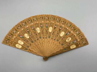 Antique French Silk Wooden Hand Fan 19th Century
