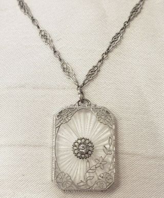 Atq 10k White Gold Filigree Floral Diamond Camphor Glass Necklace Art Deco