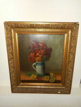 Very Old Oil Painting - 1876,  { Still Life With Flowers,  Is Signed }.