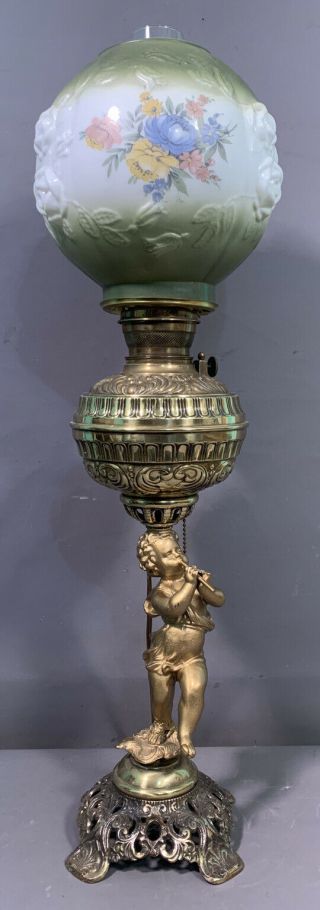 Ca.  1910 Antique Art Nouveau Figural Cherub & Flute Statue Old Banquet Oil Lamp