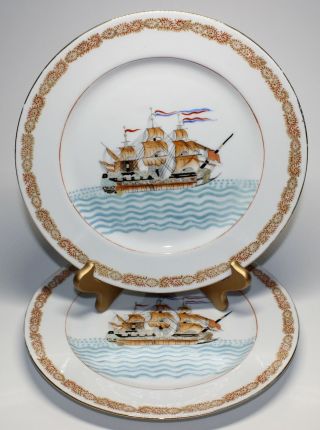 Pr.  Antique Chinese Export Porcelain Hand Painted Ship Scene Cabinet Plates