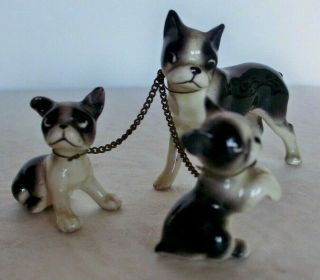 Boston Terrier Mom Puppy Dogs Mini Figurines Set Of 3 Vintage Ceramic Collect