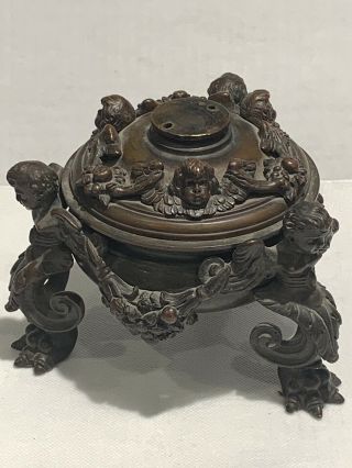 Antique French Grand Tour Bronze Angels Decorated Lidded Jar