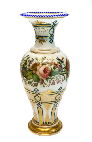 French White Opaline Glass Vase,  Circa 1900.  Hand Painted Flowers
