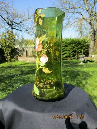 ANTIQUE FRENCH ART NOUVEAU LEGRAS MONTJOYE GLASS GREEN ENAMELED VASE 