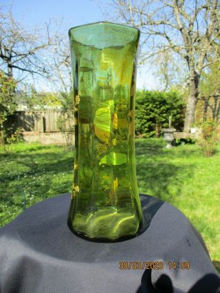 ANTIQUE FRENCH ART NOUVEAU LEGRAS MONTJOYE GLASS GREEN ENAMELED VASE 