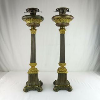 Pair French Gilt Bronze Banquet Lamps Patinated Ormolu Carcel Empire 28 " Pricket
