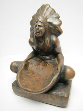 Antique Bronze Clad Native American Indian Tray Bookend Decorative Art Statue