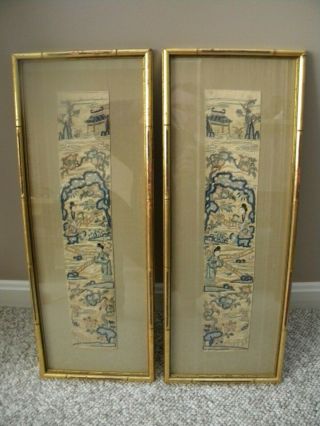 Old Vintage Or Antique Pair Framed Chinese Embroidered Silk China