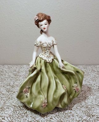Rare Vintage Florence Ceramics Rose Marie 10 " Figurine Green Gold Pink Flowers