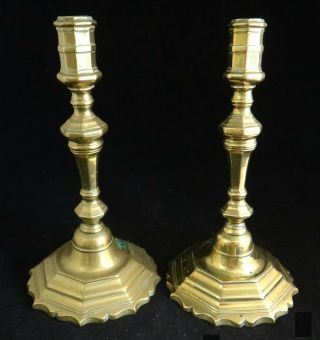 Pr.  French Louis Xv Period Solid Brass Candlesticks,  C.  1710 - 45.  10?