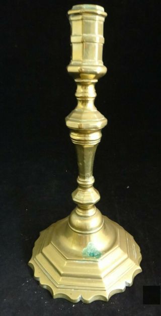 Pr.  French Louis XV period solid brass candlesticks,  c.  1710 - 45.  10? 3
