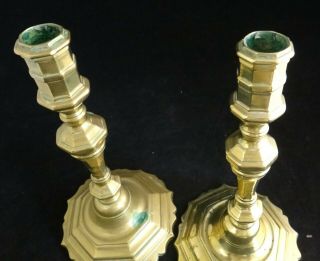Pr.  French Louis XV period solid brass candlesticks,  c.  1710 - 45.  10? 4