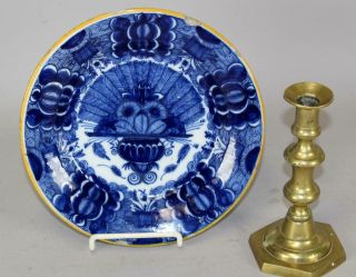 Rare 18th C Tin Glaze Delft Plate With Vibrant Peacock Blue Decorated Design