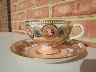 Antique Brown Westhead & Moore Rope Handle Cup & Saucer Hp Floral Much Gold
