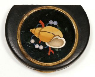 Antique 19th C.  Italian Florentine Pietra Dura Plaque Seashell Laquer Snuff Box
