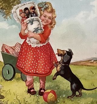 1915 Dachshund Dackel Teckel And Girl With Dolls Old Dog Pc