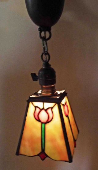 Antique Arts & Crafts Handel Era Stain Glass Hanging Tulip Lantern Light C.  1910