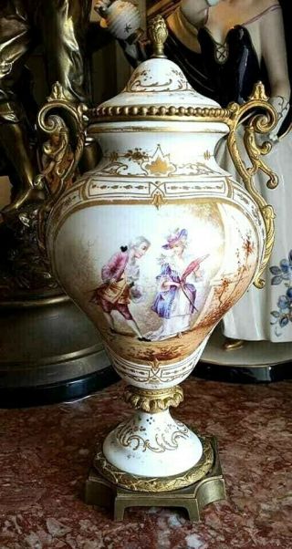 Antique Porcelain And Bronze Sevres Style Urn With Lid.