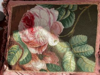 Antique 19th C French Aubusson Needlepoint Pillow Wool Peony Velvet Feather