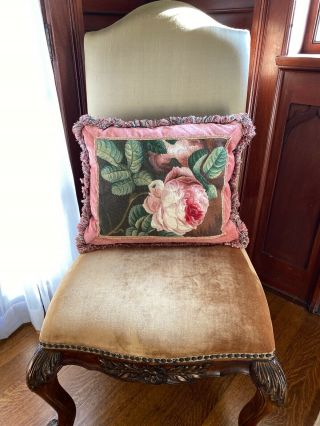 Antique 19th C French Aubusson Needlepoint Pillow Wool Peony Velvet Feather 3