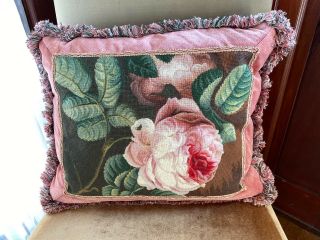 Antique 19th C French Aubusson Needlepoint Pillow Wool Peony Velvet Feather 4