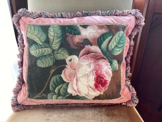 Antique 19th C French Aubusson Needlepoint Pillow Wool Peony Velvet Feather 5