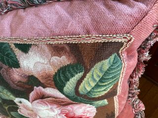 Antique 19th C French Aubusson Needlepoint Pillow Wool Peony Velvet Feather 6
