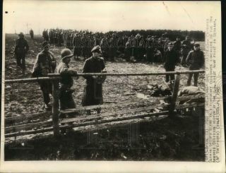 1945 Press Photo Captured German Troops In Enclosure,  U.  S.  Guard,  World War Ii