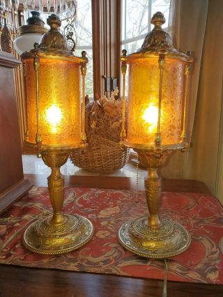 Pair Orig 17 " Medieval Antique 1920 Art Nouveau Deco Table Lamps Cylinder Shades