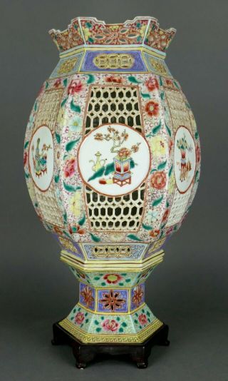 Fine Antique Chinese Famille Rose Verte Porcelain Reticulated Candle Lantern 1