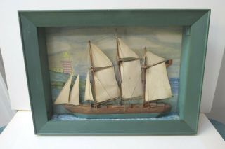 Sailing Ship Schooner Vintage Homemade Wooden Model Shadow Box Ca 1960