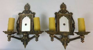 Pair Antique Vintage Mirror Back Ornate Cast Bronze Tudor Gothic Sconces C1920