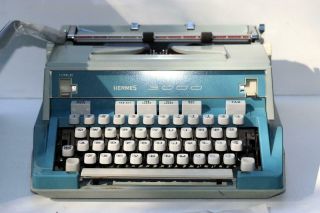 Vintage Hermes 3000 Blue Portable Typewriter W/ Case