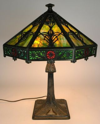 Signed Bradley & Hubbard Arts & Crafts Slag Glass Lamp C1905 Antique Nouveau