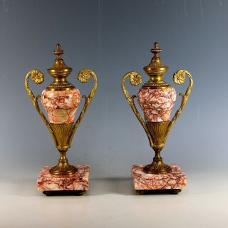 Set Of Antique French Bronze And Marble Garnitures Urns Karaman Pink Marble