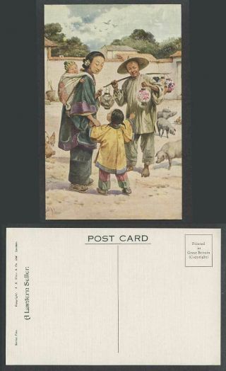 China E.  S.  Hardy Old Postcard A Lantern Seller,  Chicken Pigs,  Chinese Woman Girl