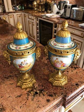 Fine Antique A 19th Century French Sevres Porcelain Vases And Covers Wit
