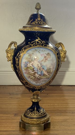 Large 19c French Sevres H/p Porcelain Gilt Bronze Vase Signed 22”
