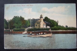 U.  S.  Light House,  White Lake,  Michigan Vintage Postcard 1914,  Whitehall