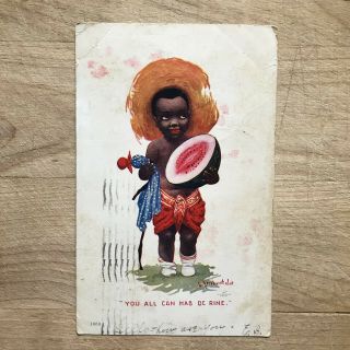 Black Racist Vintage Postcard.  Little Girl With Rag Doll And Watermelon.