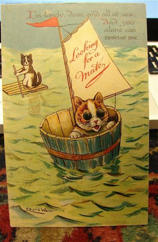 Vintage Signed Louis Wain - - - - Cat Post Card - - - - " Looking For A Mate  ==free Ship